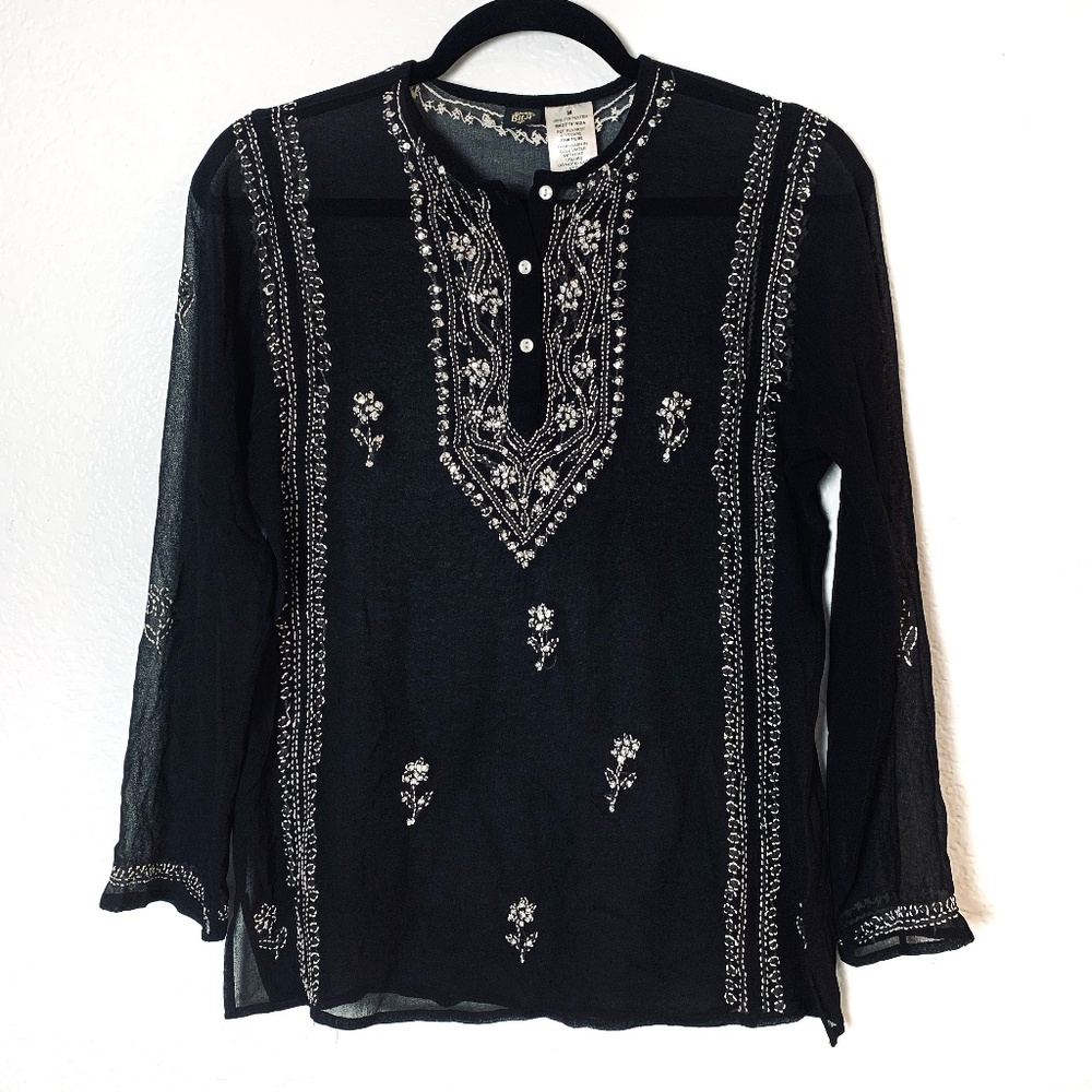 Bila Black SHEER  Blouse Medium Embroidered Sequins Whimsigoth Witchy Boho Fairy